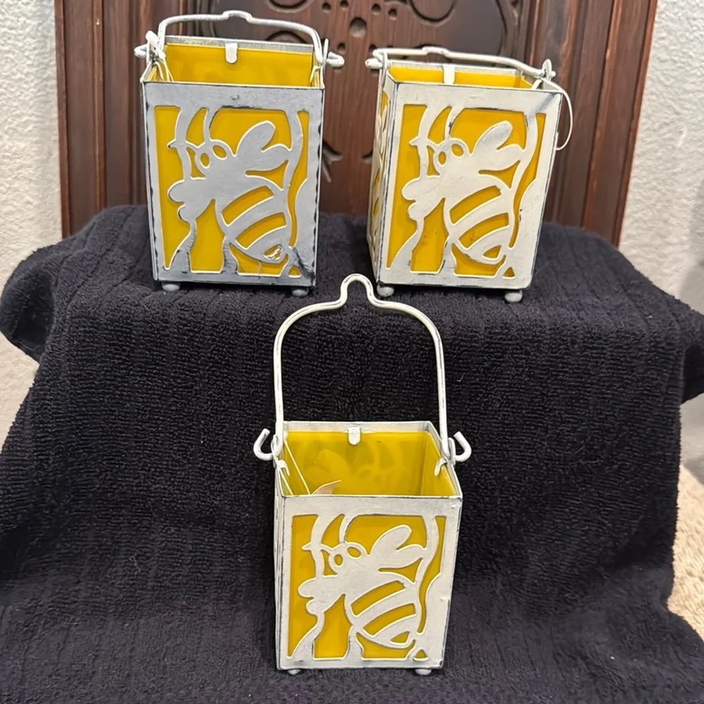 Yellow and Antique White Bee Lantern Set
